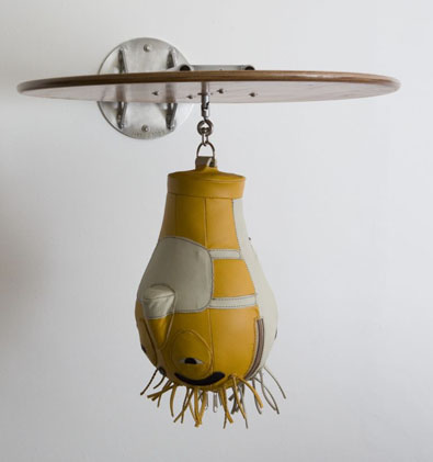 Click the image for a view of: Yellow & Ivory Pear Ball 2008 Aluminium, stainless steel, plywood, tanned leather, stuffing 900X660X380mm